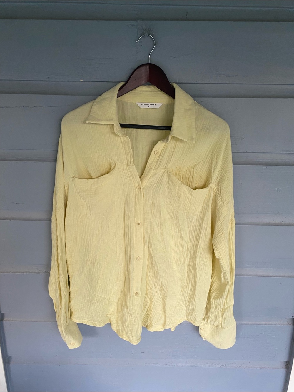 Commense butter yellow 100% cotton button down long sleeve top Sz M